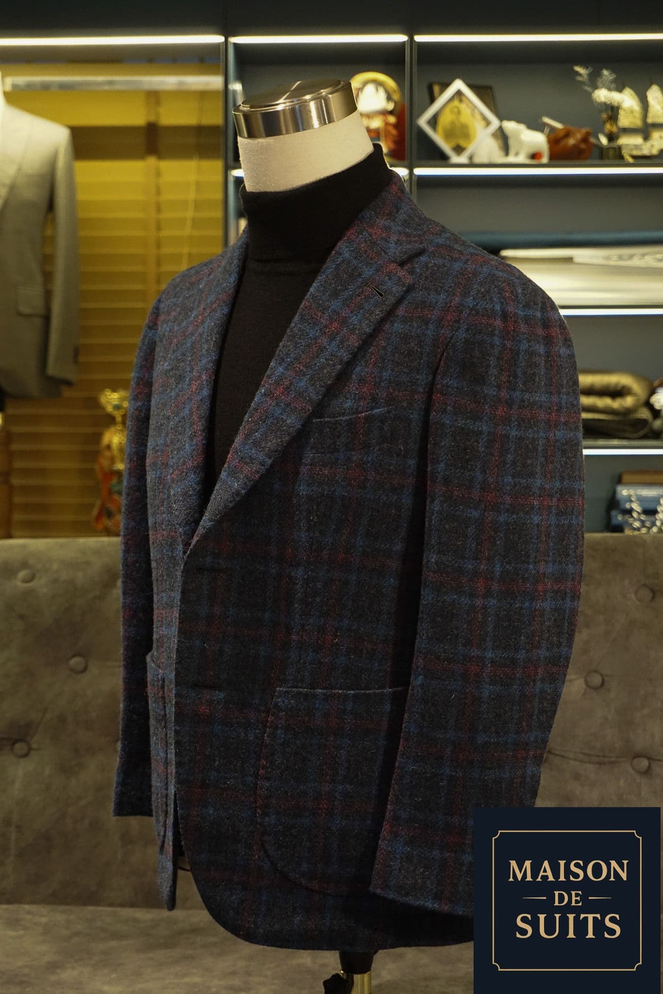 Holland&Sherry Single Breasted Navy & Red Check Tweed Jacket