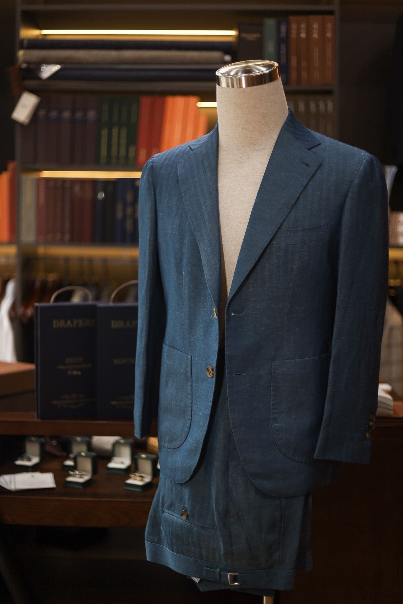 Blue Wool linen Herringbone Drapers Italy Suit