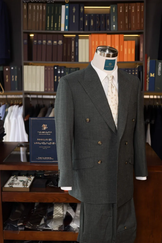 Tingeniator Wool Silk Linen Double Breasted Green Suit