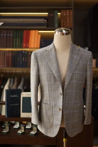 Caccioppoli Wool Silk Linen Grey Blue Check Jacket